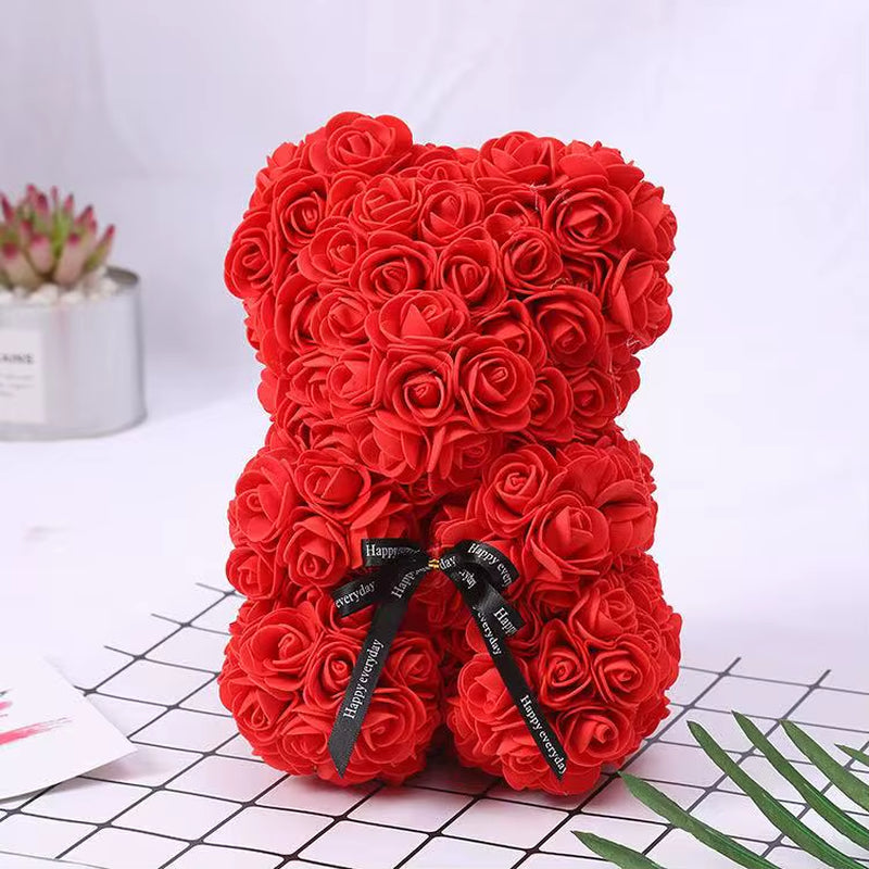 25Cm Artificial Teddy Rose Flower Bear with Box Romantic Valentines Day Gift Girlfriend Women Anniversary Wedding Party Supplies