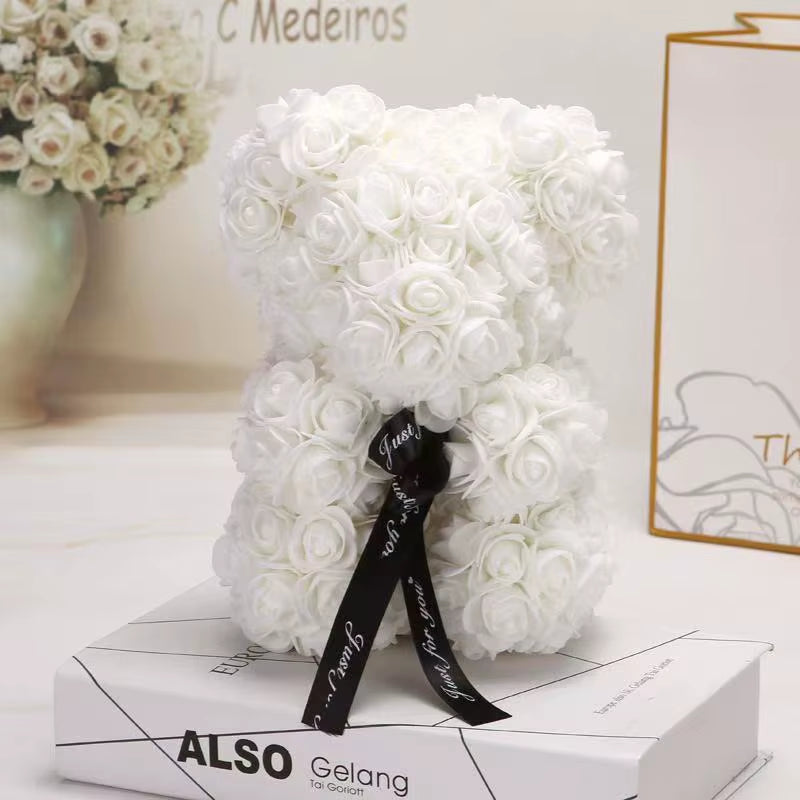 25Cm Artificial Teddy Rose Flower Bear with Box Romantic Valentines Day Gift Girlfriend Women Anniversary Wedding Party Supplies