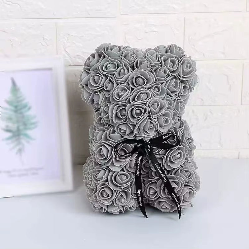 25Cm Artificial Teddy Rose Flower Bear with Box Romantic Valentines Day Gift Girlfriend Women Anniversary Wedding Party Supplies
