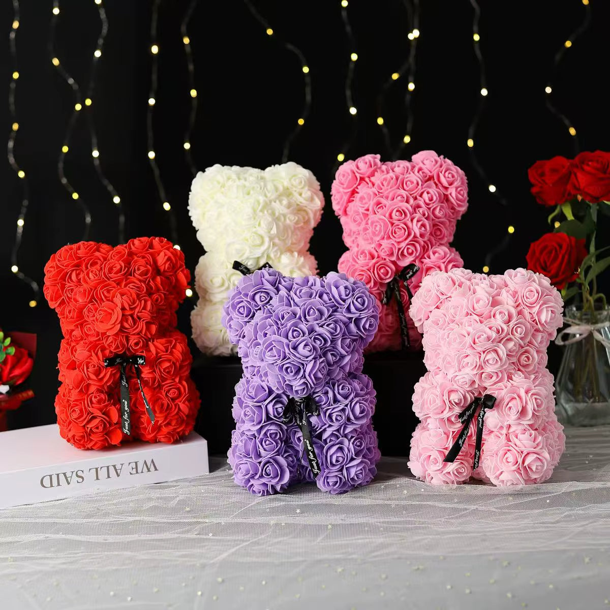 25Cm Artificial Teddy Rose Flower Bear with Box Romantic Valentines Day Gift Girlfriend Women Anniversary Wedding Party Supplies