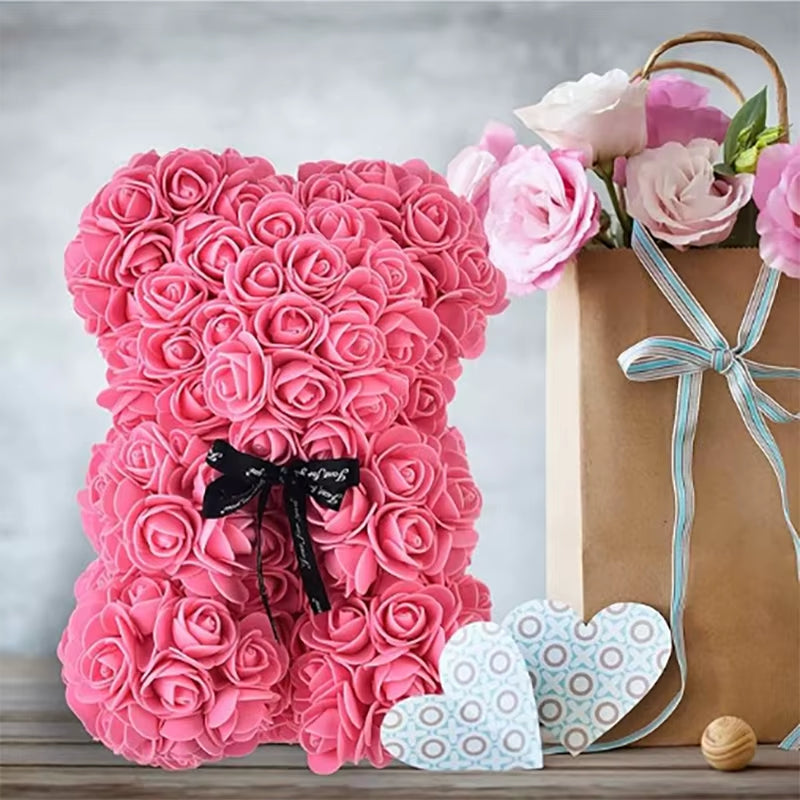 25Cm Artificial Teddy Rose Flower Bear with Box Romantic Valentines Day Gift Girlfriend Women Anniversary Wedding Party Supplies