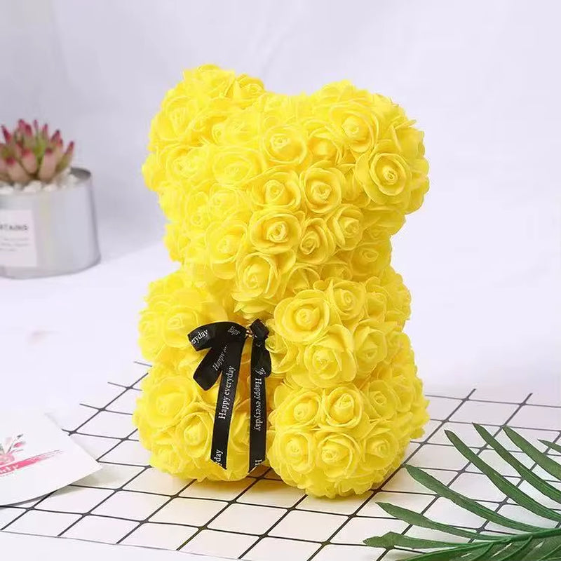 25Cm Artificial Teddy Rose Flower Bear with Box Romantic Valentines Day Gift Girlfriend Women Anniversary Wedding Party Supplies